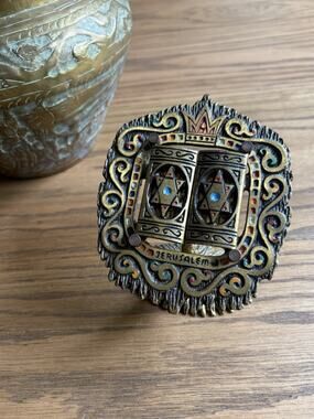 Vintage Judaica Israel Brass Hebrew Ten Commandments with Stand Jerusalem